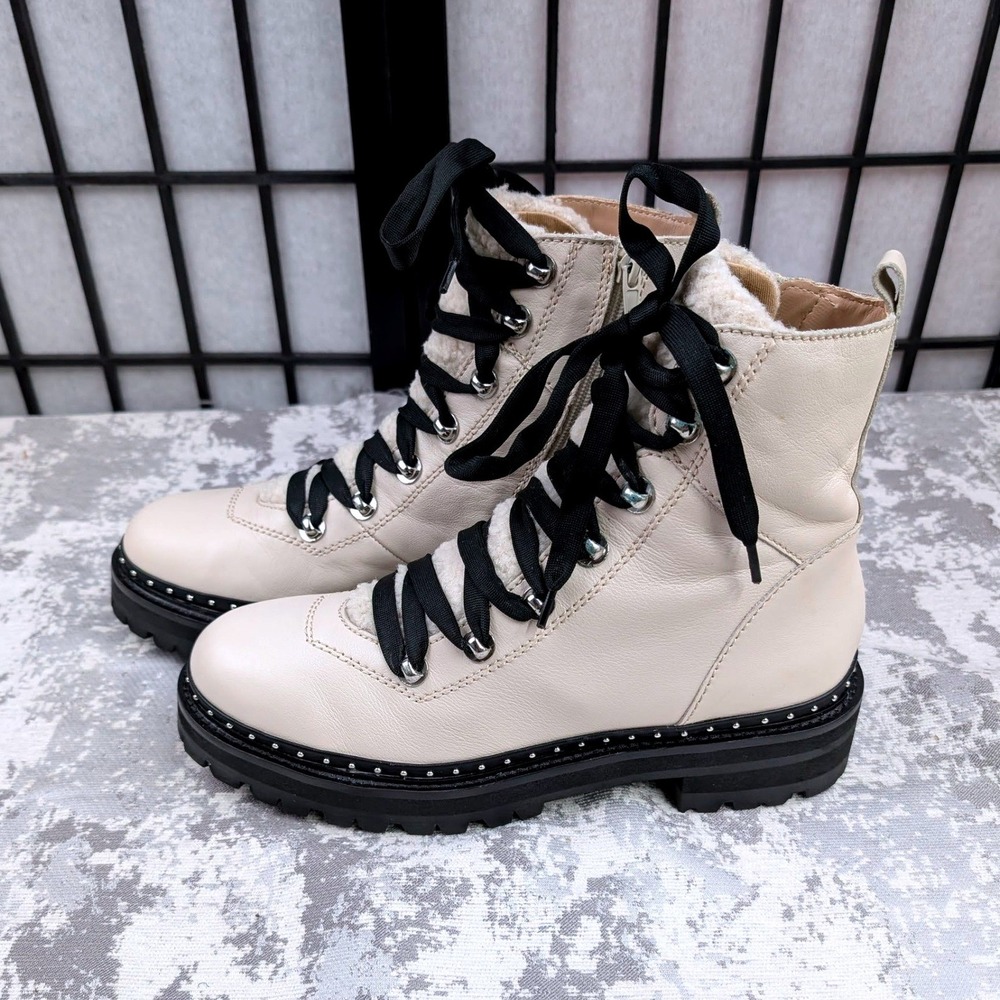 Steve‎ Madden Women's Cream Leather Rainier Combat Boots Lace Up Lug Sole Sz 9.5